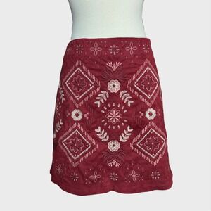 70's Style Rust Color Boho Embroidered Skirt Medium Faux Suede Festival